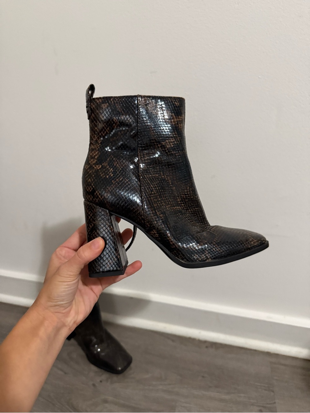 Women's Black Snake-Print Block Heel Ankle Boots